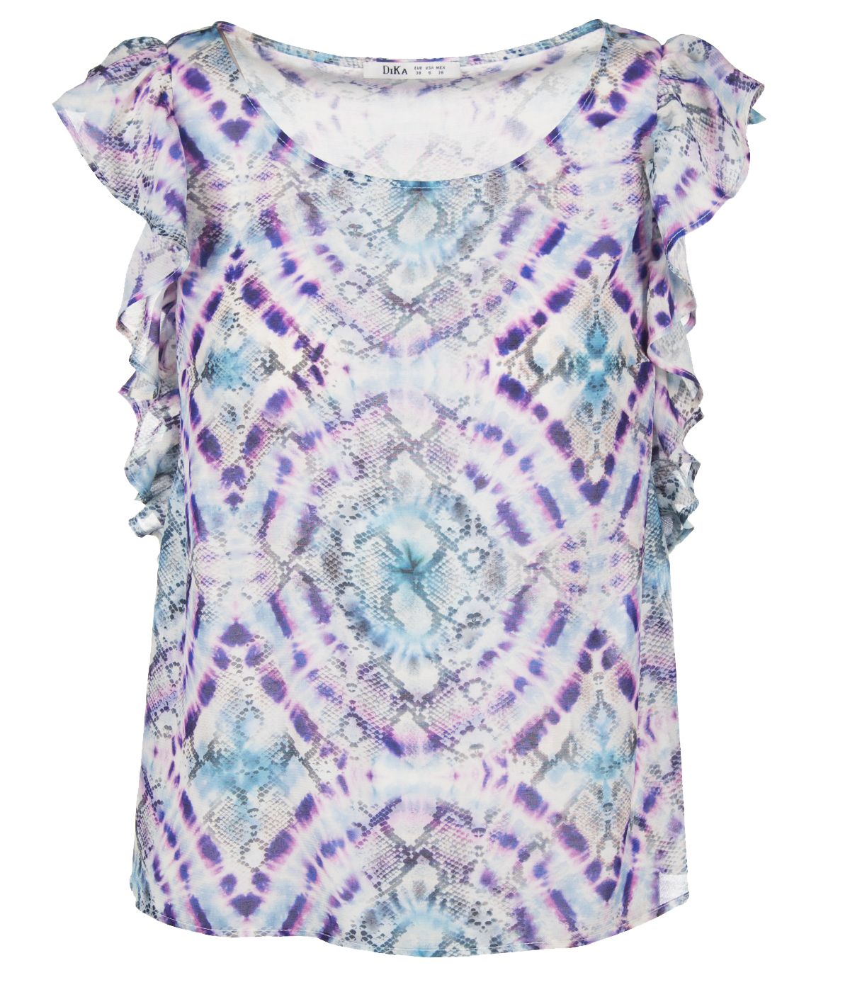 Viscose, rayon and silk blouse with frills and tie-dye print 0